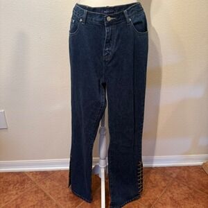 Jackie Blue Dark Wash Lace Up Ankle Straight Leg Denim Jeans Blue Womens